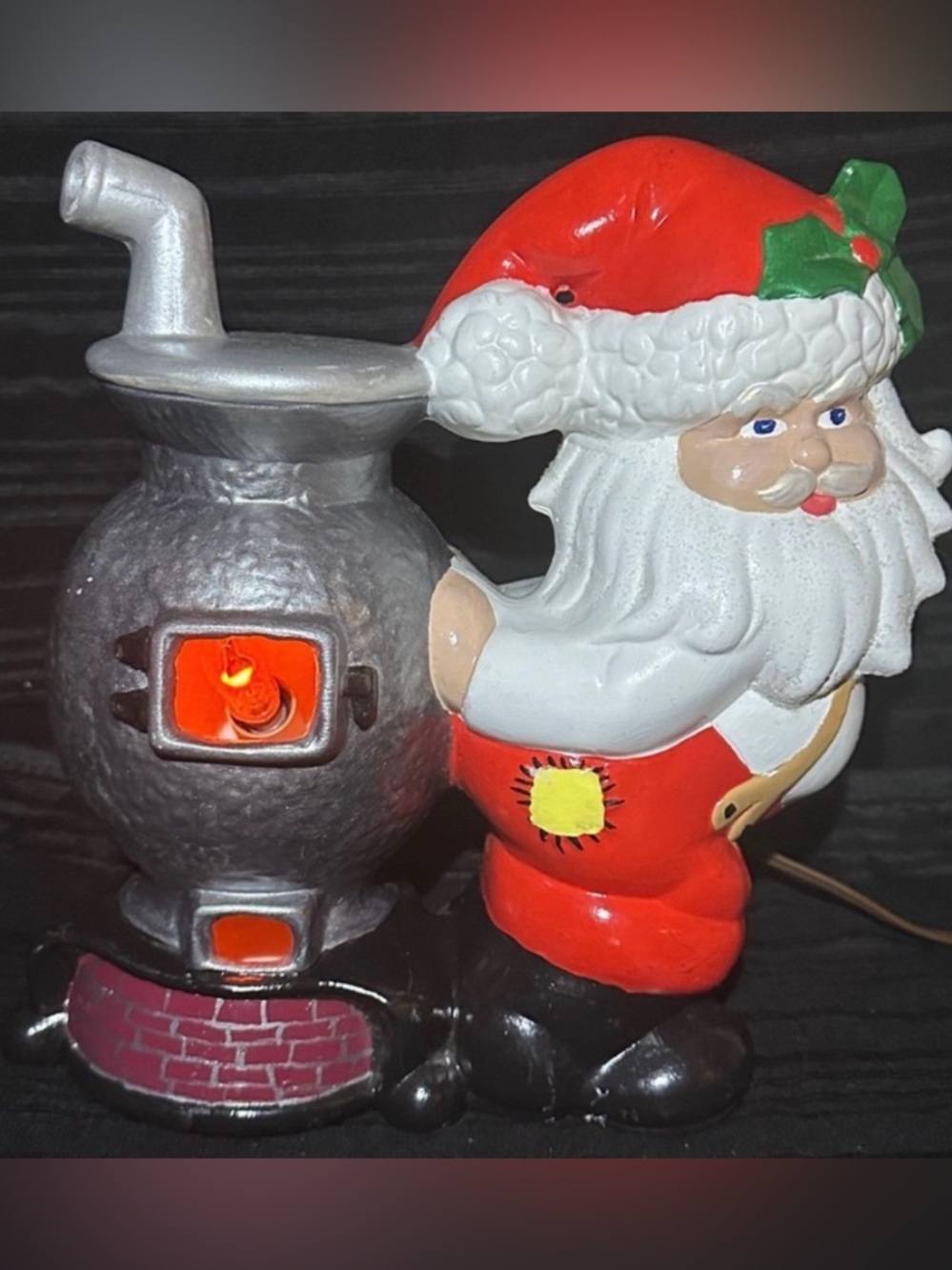 Vintage Handmade Santa & Pot Belly Stove Lighted Ceramic Decoration